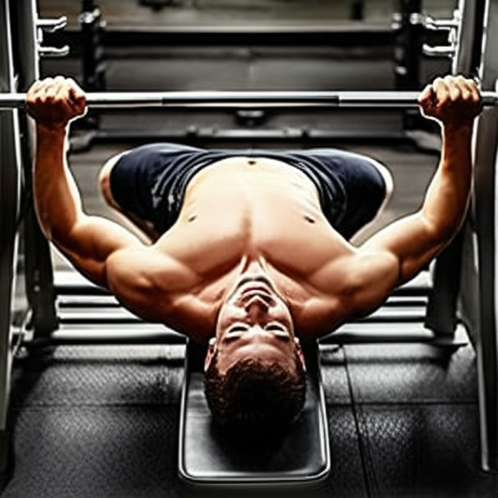 Athlete performing a barbell bench press in a gym, demonstrating proper form for chest development.