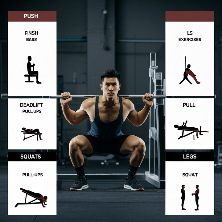 An athlete demonstrating various exercises from a Push Pull Legs (PPL) workout routine, including bench press, pull-ups, and squats.