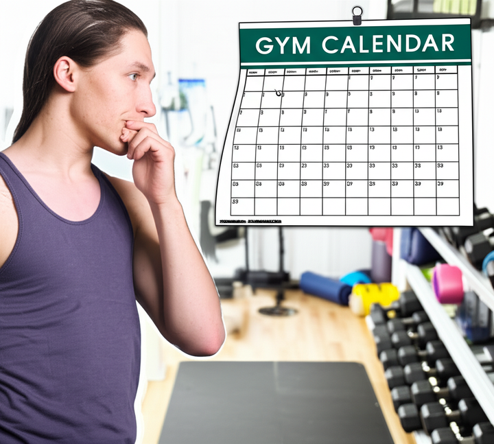Person planning gym schedule with weights and fitness equipment in the background.