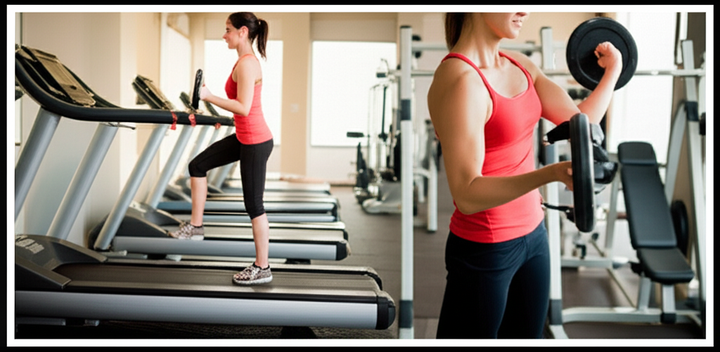 A person performing a diverse gym routine for weight loss, including cardio and weightlifting, in a clean gym environment.