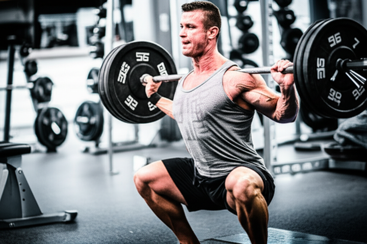 Male bodybuilder performing a barbell squat in a well-equipped gym.