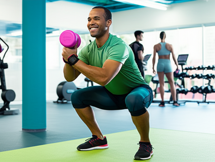 A beginner confidently performing an exercise in a modern gym, symbolizing the start of a 30-day fitness challenge.