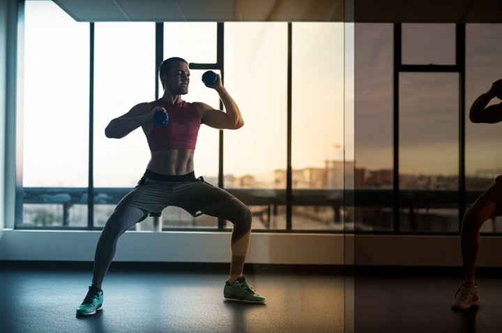 A fit individual engaging in exercise at a well-lit gym, representing the decision between morning and evening workout routines.