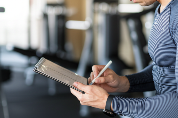 Person reviewing a personalized workout plan in a gym setting.