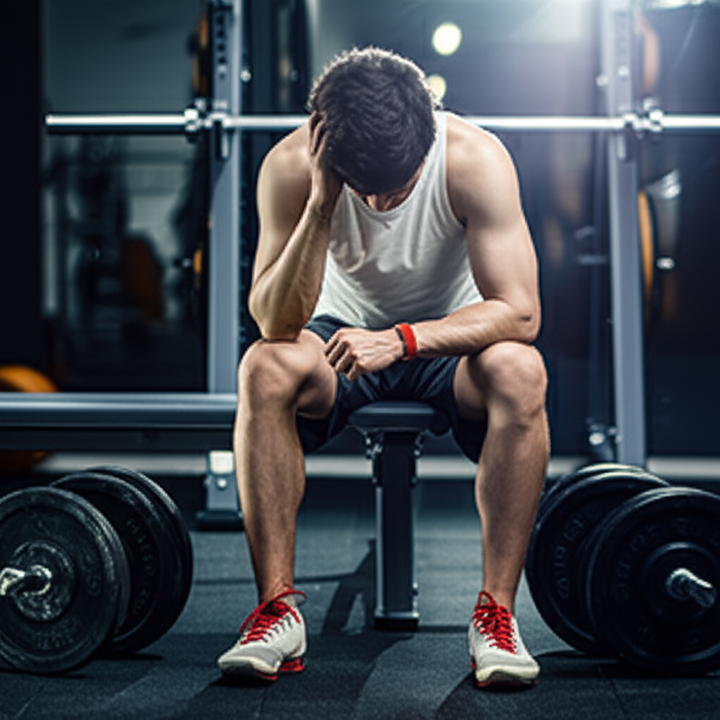 Athlete experiencing burnout and fatigue from overtraining in a gym setting.