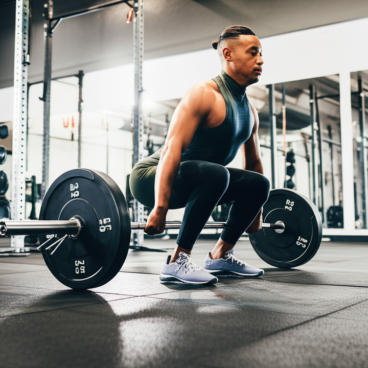 Busy professional performing an efficient strength training workout in a modern gym, emphasizing time management for fitness.