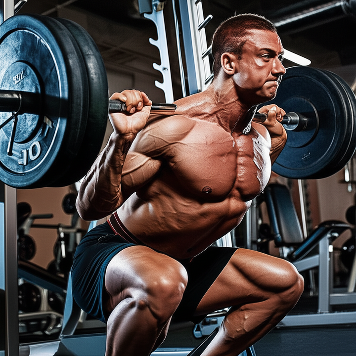 Muscular man performing heavy barbell squats in a gym, demonstrating proper form for building muscle size.