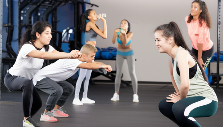 Teenagers demonstrating safe and effective gym practices, focusing on proper form, stretching, and hydration.
