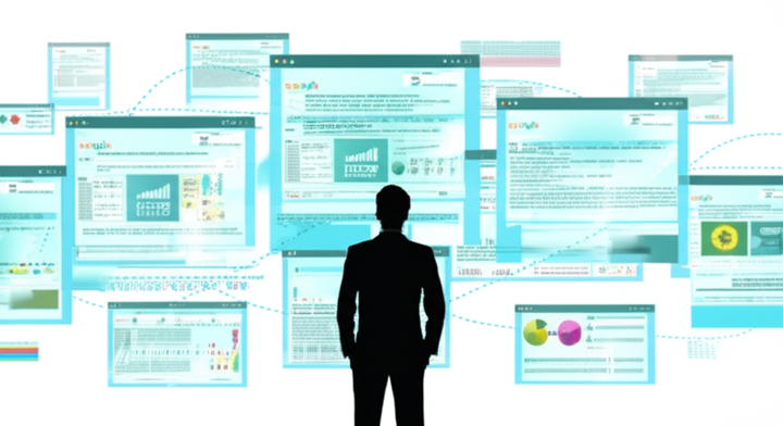 An individual analyzing search engine results on multiple screens, illustrating mixed search intent and complex data analysis in SEO.
