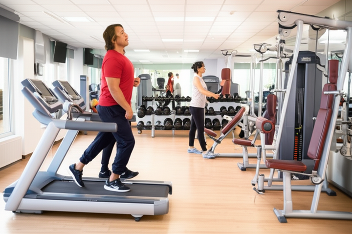 Beginners engaging in various exercises at a gym, including cardio, strength training, and stretching.