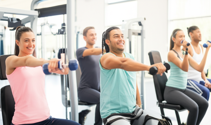 Diverse individuals confidently working out in a modern gym setting.