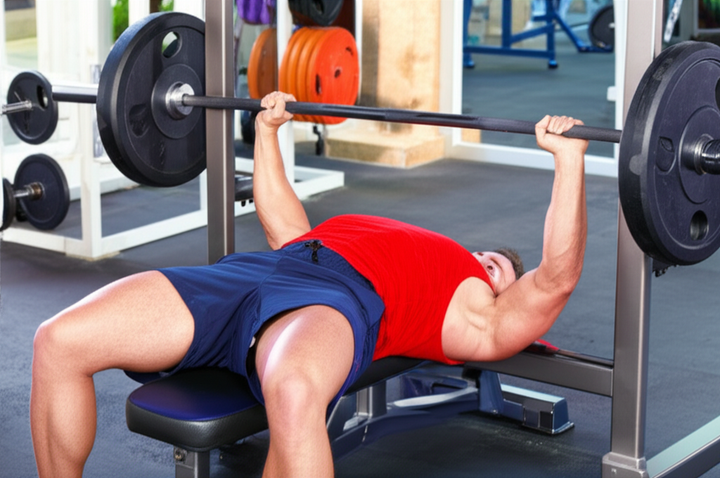 Muscular man performing barbell bench press in a gym, demonstrating proper form for muscle gain.