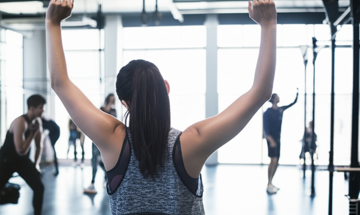 Person celebrating a successful workout in a gym.