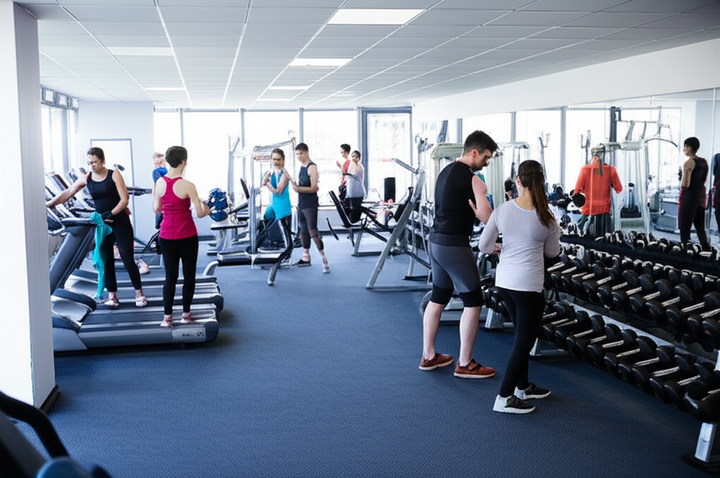 Diverse gym-goers practicing good etiquette, wiping equipment, and re-racking weights in a clean, modern fitness center.