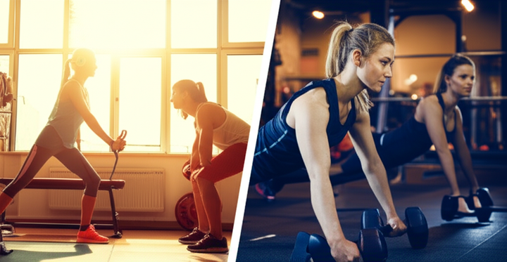 Split image comparing a person exercising in a gym during bright morning light and another person exercising during evening light, illustrating morning vs. night workouts.