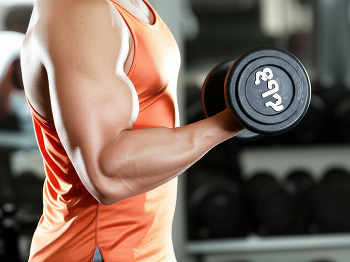 Man performing dumbbell bicep curl with focused expression