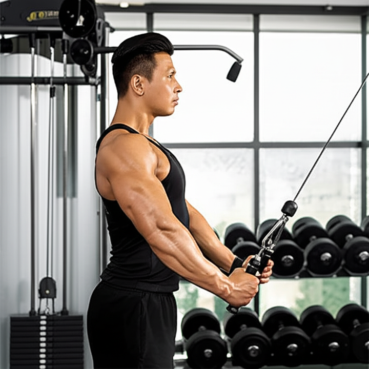 Person performing a tricep pushdown exercise with a cable machine, demonstrating strong triceps.