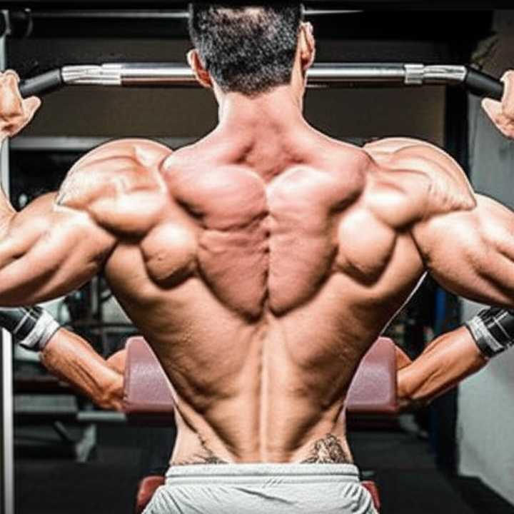 Muscular back of a male bodybuilder showing a strong V-taper, during a back workout in a gym.