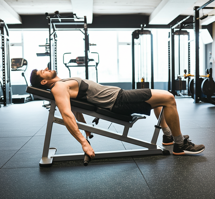Athlete performing back extension for lower back strength in a gym.