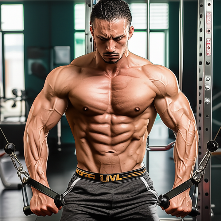 Athlete performing cable crossovers for inner chest development in a gym.