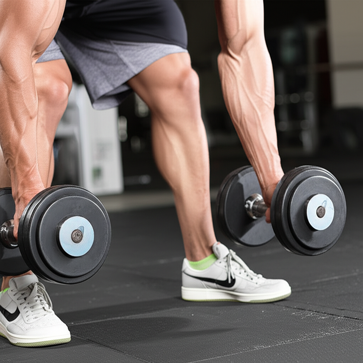 Athlete with strong forearms performing farmer's walks in a gym, demonstrating grip strength.
