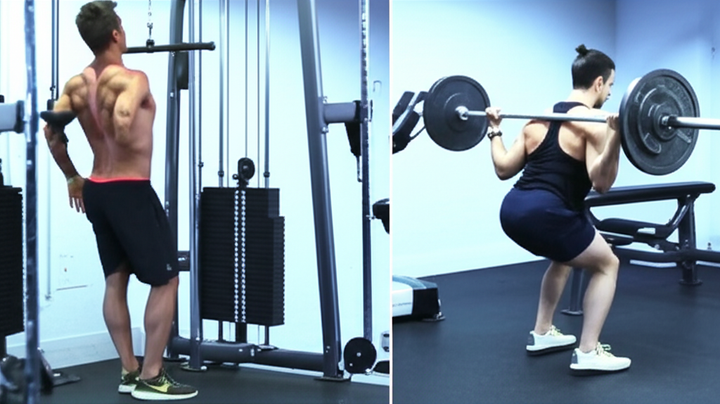 Two athletes in a gym, one doing a lat pulldown for lats, the other doing a shrug for traps, illustrating different back muscle training.