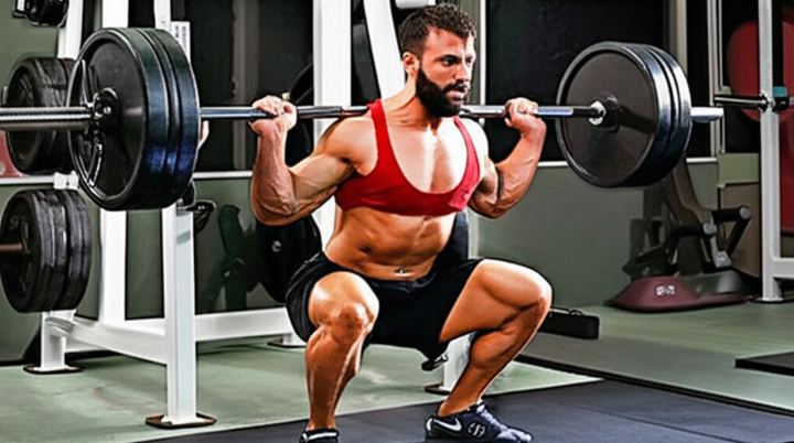 Athlete performing a deep barbell squat, emphasizing quadriceps activation and explosive power.