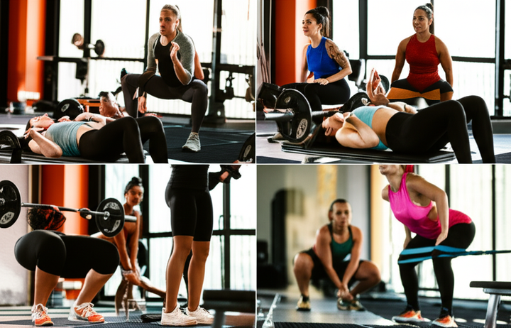 Men and women performing glute-strengthening exercises like hip thrusts, squats, and resistance band work in a gym.