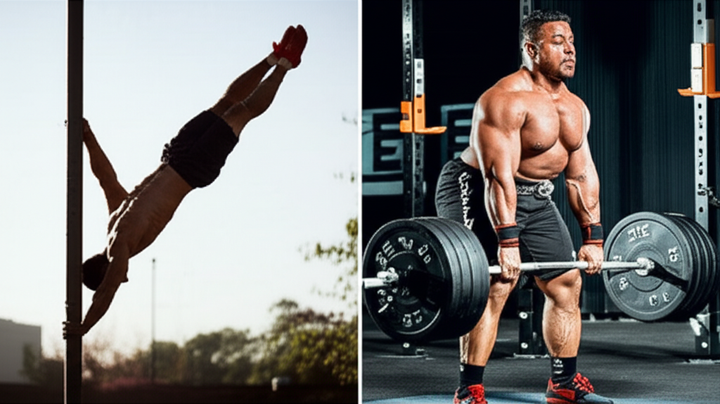 Side-by-side comparison of calisthenics training (bodyweight) and gym weightlifting for muscle growth.