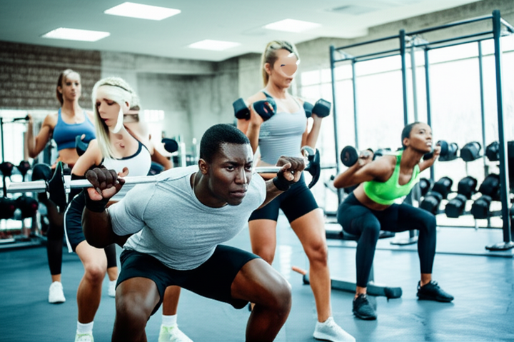 Athletes performing various compound and isolation exercises in a gym, demonstrating a balanced workout.