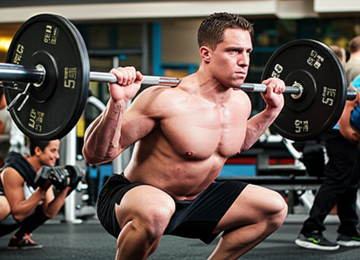Athlete performing a barbell squat with heavy weights in a gym, with dumbbells visible in the background.