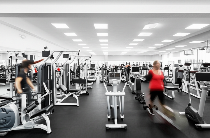 Overview of a modern gym with a variety of strength training machines, designed for full-body workouts.