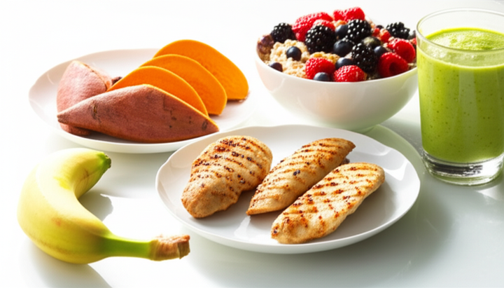 Assortment of healthy pre-workout meals and snacks, including oatmeal, chicken, sweet potato, banana, and a smoothie.