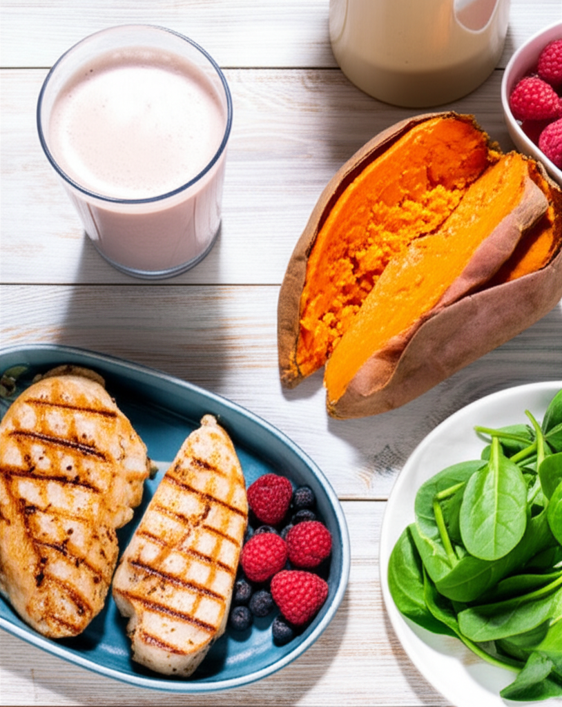 Healthy post-workout meal laid out on a table, including protein and carbohydrates for muscle recovery.