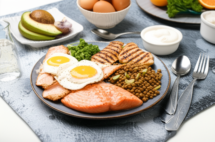 A balanced meal with high-protein foods for muscle growth.