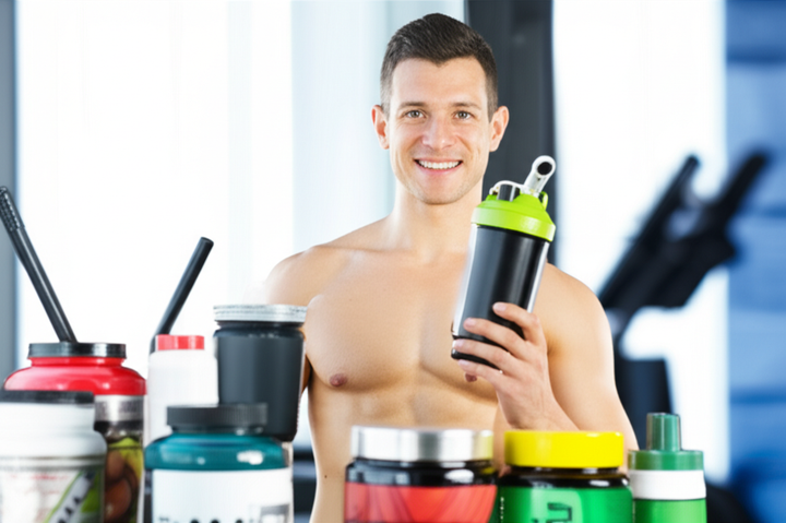 A motivated gym beginner with supplements, ready for a workout.