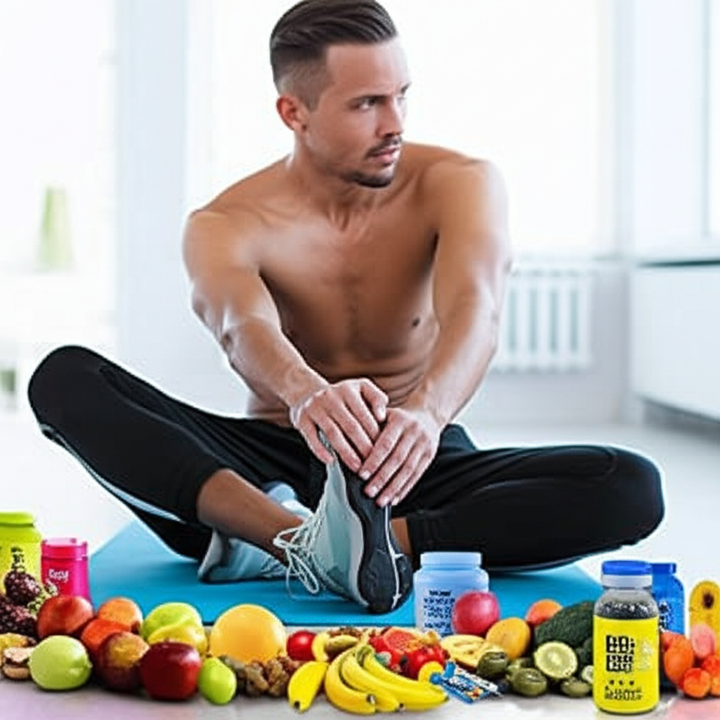 Athlete stretching post-workout with healthy food and supplements for recovery.