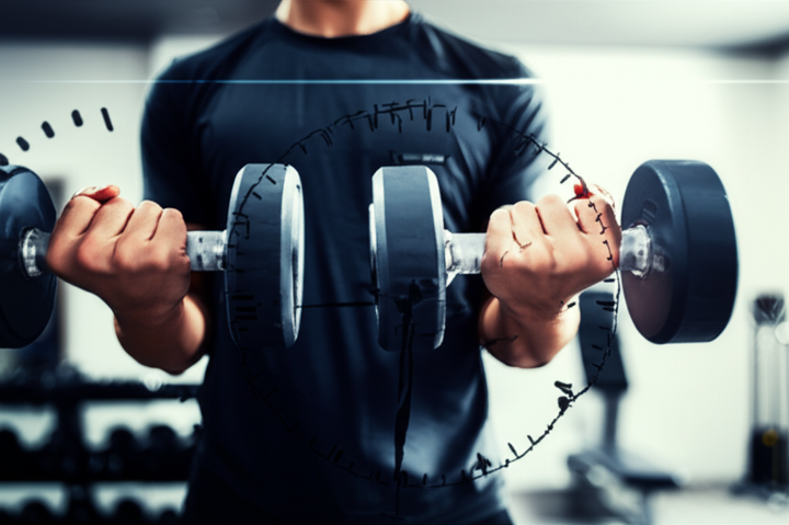 Athlete performing a deadlift in a modern gym, with a blurred clock in the background, representing the intersection of fitness and time-restricted eating.