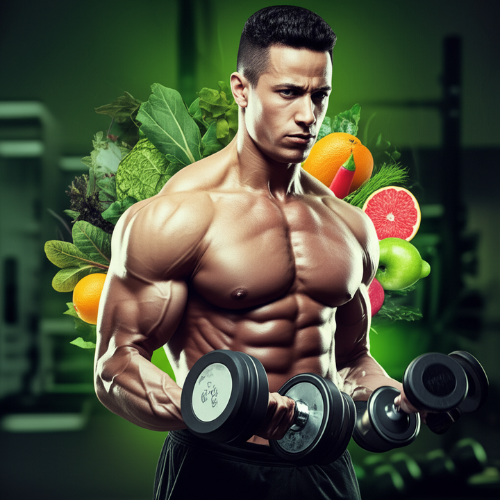 Muscular vegan athlete lifting weights in a gym, demonstrating strength and health on a plant-based diet.