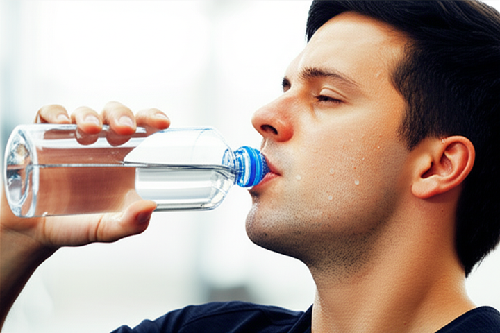 Athlete rehydrating with water during a strenuous gym workout.