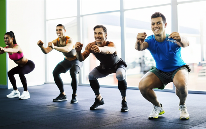 Diverse group of beginners performing full-body exercises with proper form in a gym.