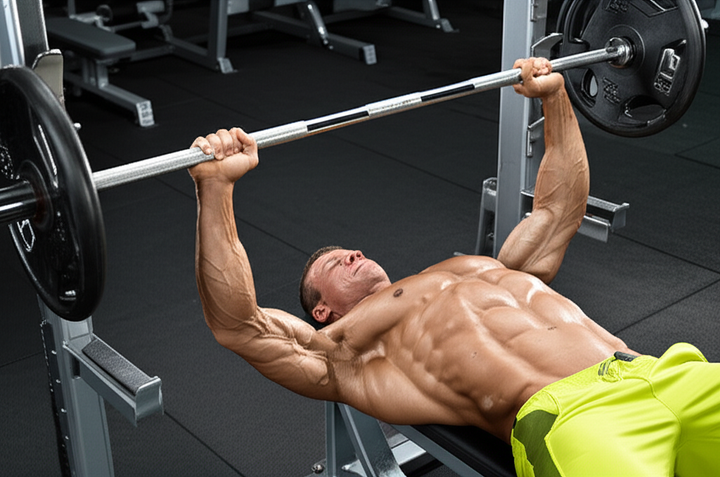 Athlete performing a heavy barbell bench press in a gym, demonstrating upper body strength and focus.
