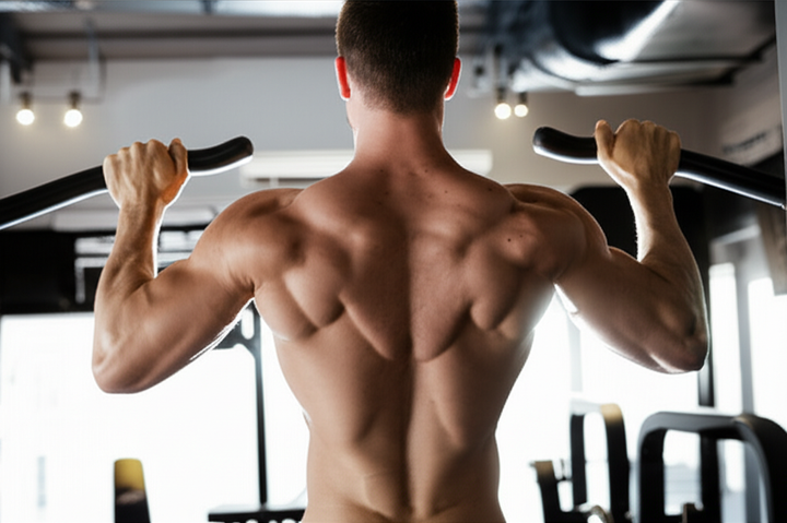 Athlete performing a pull-up with proper form, showcasing developed back muscles in a gym.