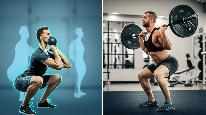 Side-by-side image showing a beginner doing a goblet squat and an advanced lifter performing a heavy barbell back squat in a gym setting.