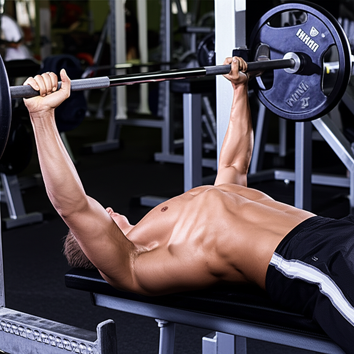 Athlete performing an intense upper body workout at a gym, lifting weights with focus.