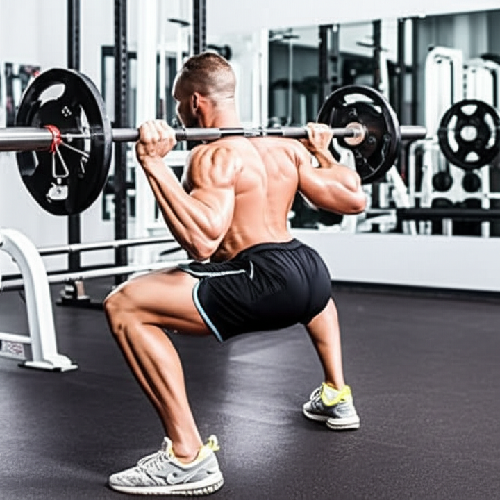 Athlete performing a barbell back squat, demonstrating strong lower body muscles.