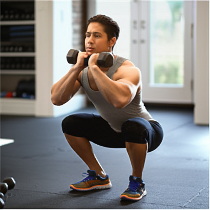 Athlete performing a dumbbell goblet squat in a home gym