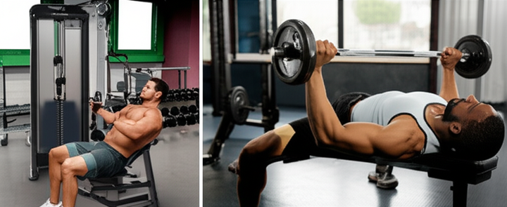 A side-by-side comparison of a person training with gym machines and another person lifting free weights.