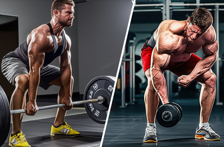 Side-by-side image illustrating strength training (heavy deadlift) and hypertrophy training (bicep curl).