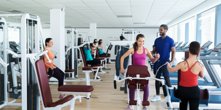 Beginners learning gym exercises with proper form guidance in a modern fitness center.